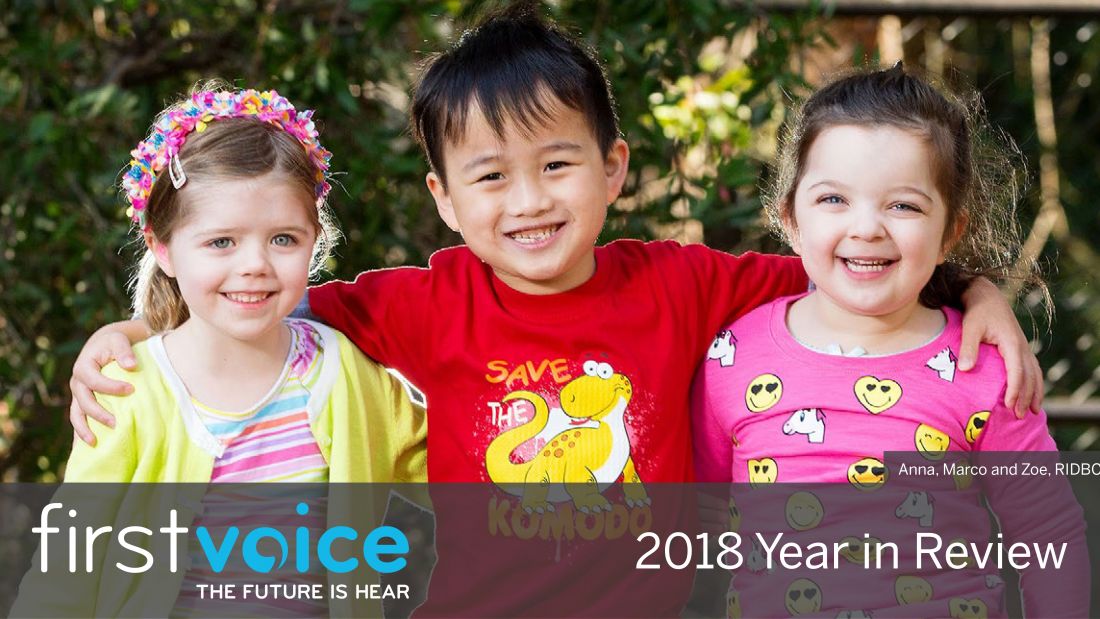 A photo of Anna, Marco and Zoe, children with hearing disability helped by the First Voice project